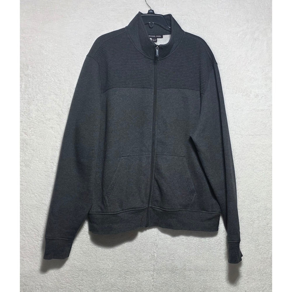 Michael Kors Men's XXL Charcoal Gray Ribbed Full Zip Mock Neck Fleece Sweatshirt